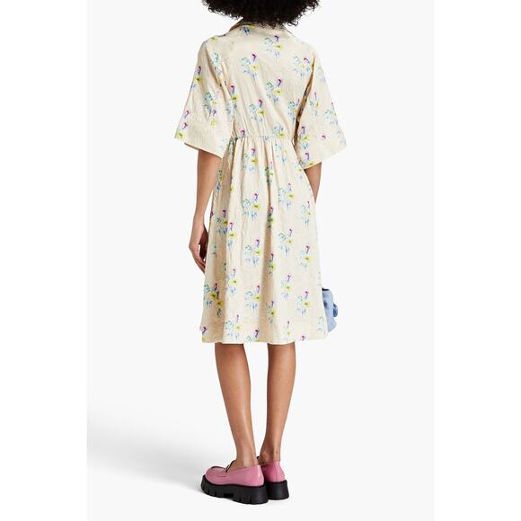 GANNI Floral Crinkle Wrap Dress In Yellow Size Medium Pink Blue Chic Sexy Wrap - Picture 2 of 16